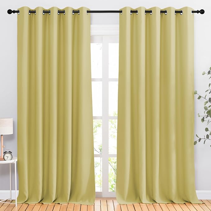 NICETOWN Room Darkening Curtains for Sliding Glass Door, Grommet Thermal Window Treatment Room Dividers Curtains for Living Room/Bedroom, Paler Yellow, 2 Panels, W66 x L102