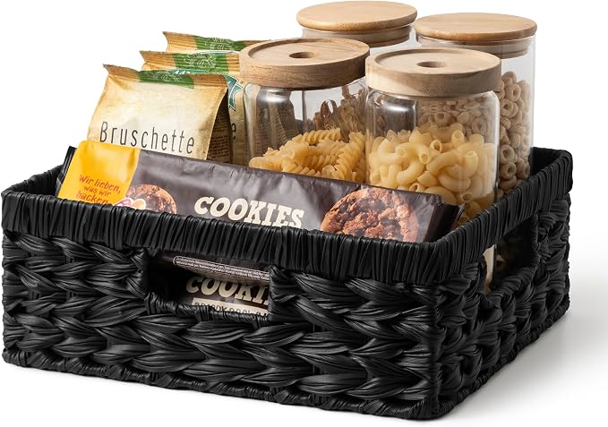 GRANNY SAYS Wicker Baskets for Organizing, Waterproof Black Basket, 1-Pack | Handwoven Wicker Storage Basket for Shelves, Woven Baskets for Pantry Storage, Large Shallow Basket, Black Wicker Basket