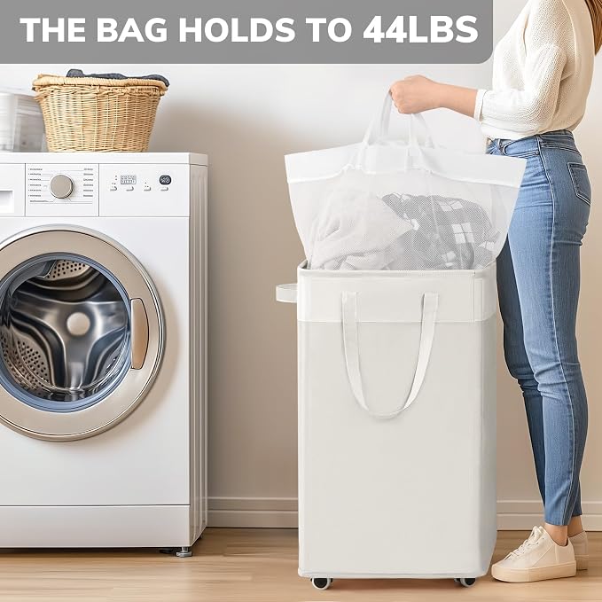 Goodpick 75L Laudnry Basket with Wheels & Removable Wash Bag for Dorm | Rolling Clothes Hamper with Handles for Dirty Clothes, Fodable Laundry Basketr for Dorm Room White