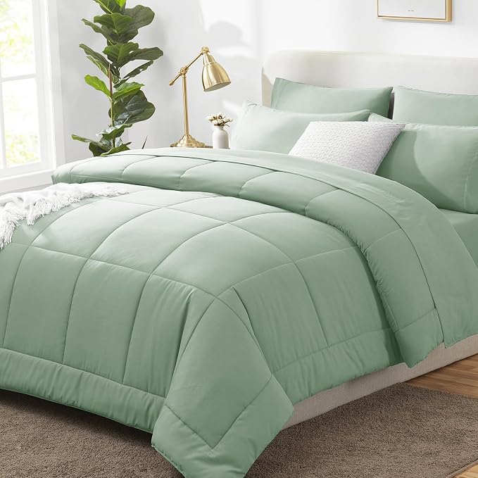 Full Size Comforter Sets Sage Green - 7 Pieces Bed in a Bag | OEKO-TEX Certified, All-Season, Bedroom, Guest Room, Down-Alternative Comforter + Flat & Fitted Sheets + 4 Pillowcases