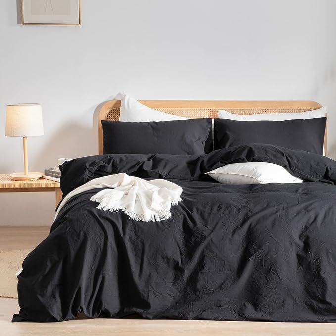 BESTOUCH Cotton Solid Duvet Cover Set Linen Feel Deep Black Oversized King | 100% Washed Cotton, Soft Wrinkle Texture, Hidden Zipper, 8 Ties, Breathable Lightweight Durable Comfy, 3 Pcs No Insert