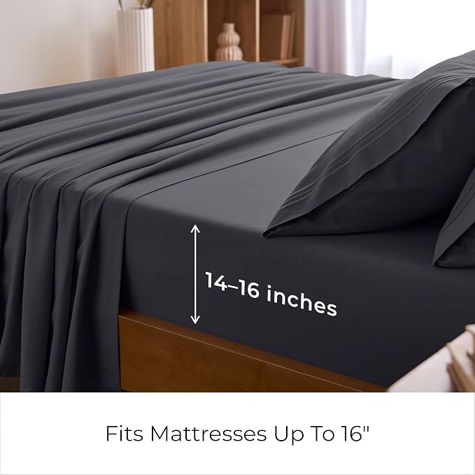 Mellanni Iconic 5-Piece, Ultra Soft Sheet Set (Split King, Charcoal) | 10M+ Sleepers. Lab-tested: Sleeps Cool, Stays Bright, Strong, Smooth. Good Housekeeping Best Bedding, 7 yrs running.
