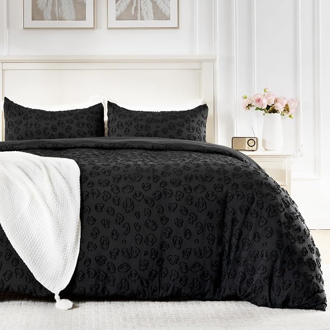 ROSE&RISY Black Leopard Jacquard Textured Queen Duvet Cover Set, 3 Pieces Soft Tufted Bedding Queen Set All Seasons, Breathable and Cozy, Includes 1 Duvet Cover, 2 Pillowcases (Black, King Size)