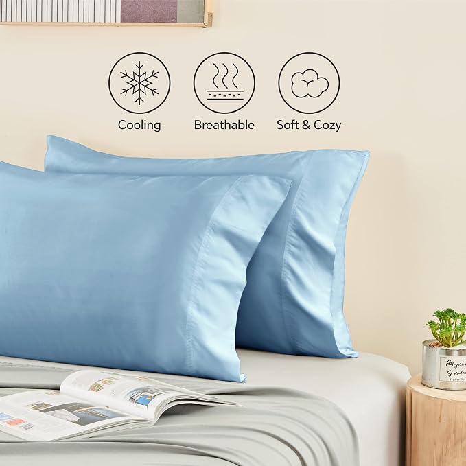 BEDELITE Pillow Cases Standard Size 2Pcs, Rayon Derived from Bamboo, Blue | Cooling and Breathable Pillow Cover for Hot Sleepers & Night Sweats, Silky Soft Cozy, Envelope Closure, 20"x26"