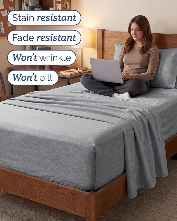 Extra Deep Twin XL Sheet Set - 3 Piece College Dorm Room - Heathered Grey | Soft, Breathable & Cooling, Easily Fits 18 to 24 inch Mattress, Wrinkle Free & Fade Resistant with Extra Deep Pockets