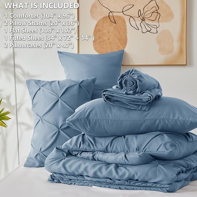 HIMEET California King Comforter Set Dusty Blue - 7 Pieces Bed in a Bag | OEKO-TEX Certified, 240GSM Down Alternative Comforter, 14" Deep Pocket Fitted Sheet + Flat Sheet + 2 Pillowcases + 2 Shams
