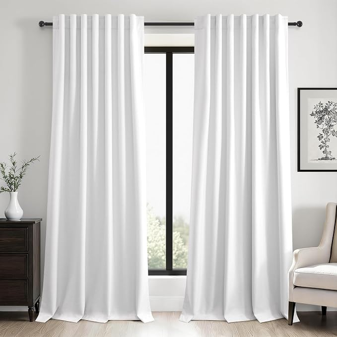 92 inch long Linen blackout Curtains 2 Panels for sliding room 100% Black out Linen texture Curtain Beige White Window Drapes with Back Tab Rod Pocket Pinch Pleated Thermal Insulated Panel for Bedroom