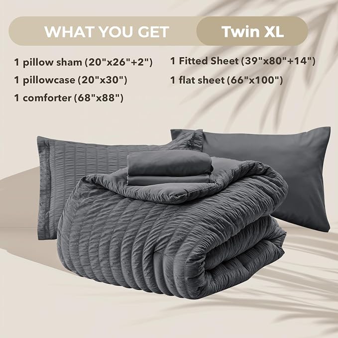 HYMOKEGE Twin XL Comforter Set Seersucker 5 Pieces, All Season Luxury Bed in a Bag for Bedroom, Bedding Set with Comforter, Sheet, Pillowcase & Sham, Dark Grey