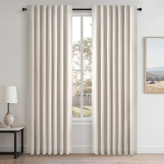 Topfinel 80 Inch Long Linen Blackout Curtains 2 Panels Set for Bedroom Back Tab Rod Pocket Pleated Boho Farmhouse Room Darkening Curtains for Sliding Glass Door,Cream Ivory, 52x80 in Length