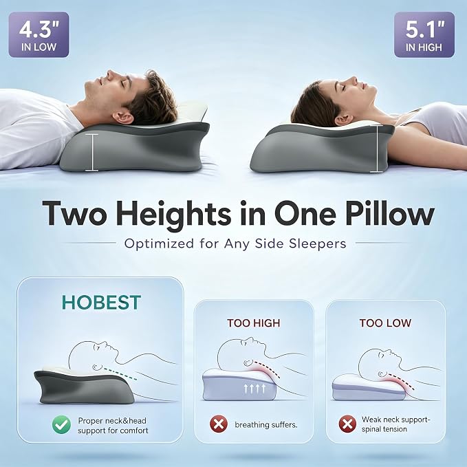Pain Relief Cervical Neck Pillow, Ergonomic Contour | Q-Max Cooling | Non-Temperature Memory Foam | Side/Back/Stomach Sleeper Support for Sleeping, Reading, Scrolling (Blue & Dark Grey)