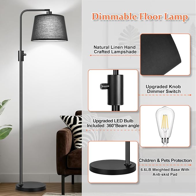 Nintiue [Upgraded] Dimmable Floor Lamp, 1000 Lumens LED Edison Bulb Included, Black Shade, Modern Arc Standing Tall Floor Lamp for Living Room Bedroom Office Dining Room