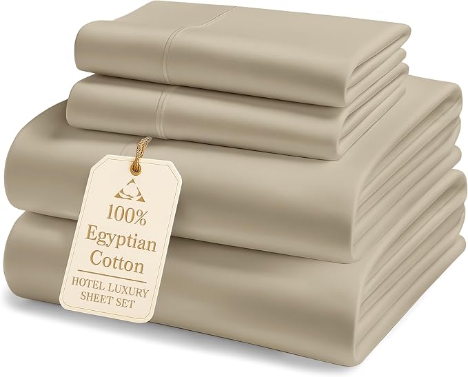 Lane Sandbar 100% Egyptian Cotton Bed Sheets Queen Size, Long Staple Soft & Comfy Sateen Weave No Pill Fade Resistant Queen Size Bedding Set, Machine wash 16'' Deep Pocket Queen Sheets- Sandbar