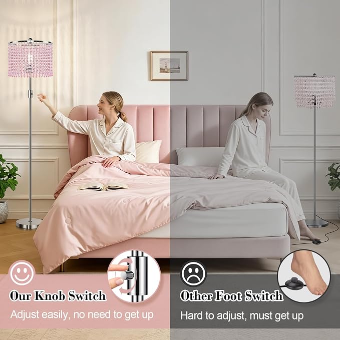 【Upgraded】 Dimmable Crystal Floor Lamps for Living Room with Chandelier Lampshade, Standing Lamp with Knob Switch, Tall Pink Floor Lamp for Girl Bedroom, Dresser, Office