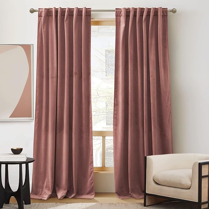 RYB HOME Velvet Curtains 102 inches Long, Extra Long High Ceiling Curtains | Thermal Insulated, Luxurious Home Decor, Curtains for Apartment Loft Large Windows, W52 x L102, Wild Rose, 2 Panels Set
