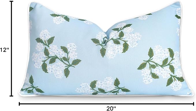 Hofdeco Premium Coastal Patio Indoor Outdoor Lumbar Pillow Cover Only, 12"x20" Water Repellent for Backyard, Couch, Baby Blue Print Hydrangea Flower