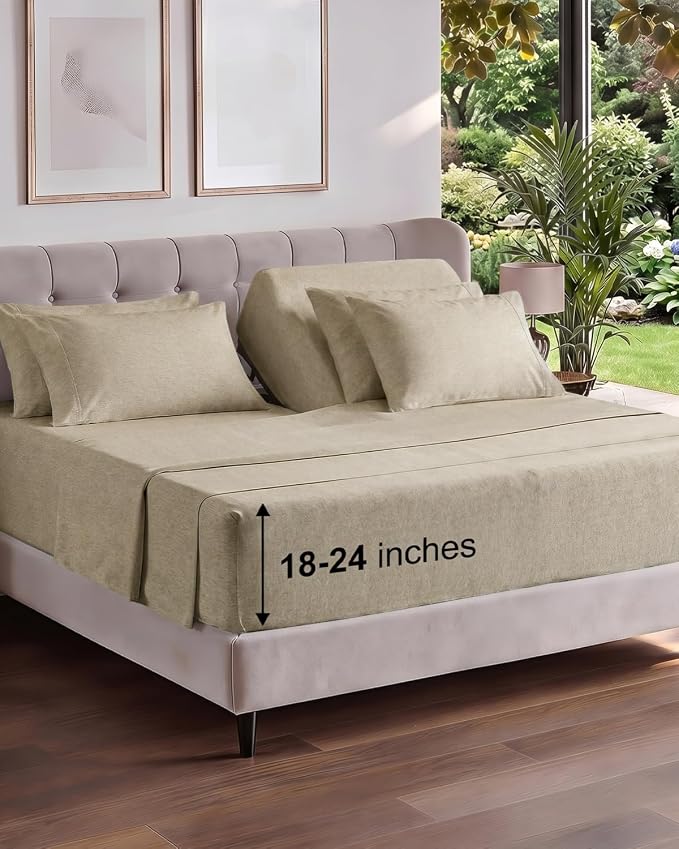Extra Deep Flex Top Split Head King Sheet Set - 6 Piece Breathable and Cooling Sheets - Hotel Luxury Bedding for Women, Men, Kids & Teens - Easy Secure Fit - Extra Deep Pockets - Heathered Beige