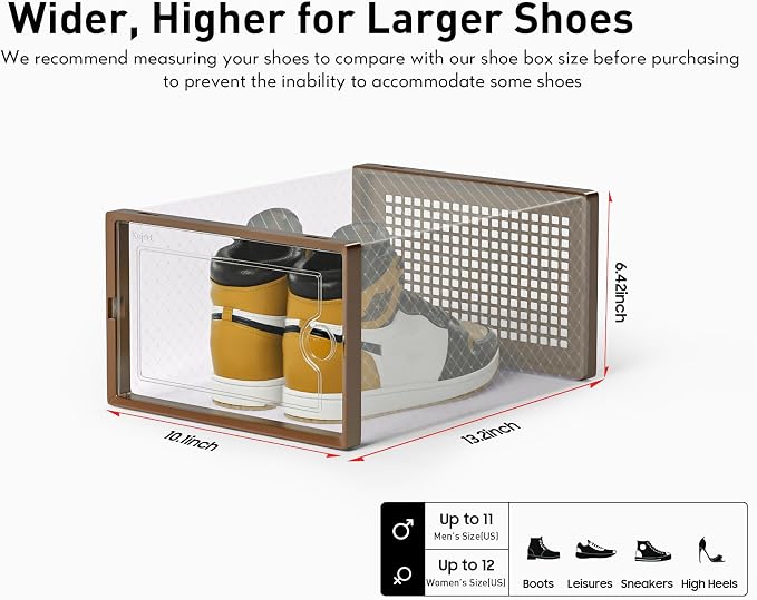 Kuject X-Large Shoe Storage Boxes 12 Pack, Clear Stackable Shoe Organizer | Shoe Case for Closet, Entryway & Under-Bed Storage, Drop-Front Design, Space-Saving Solution for Family Organization,Brown