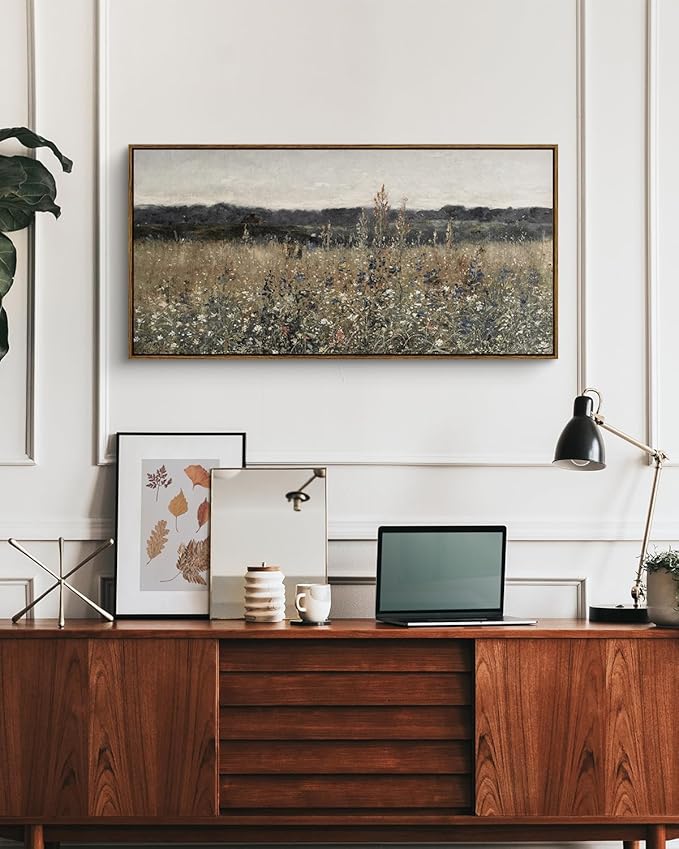 InSimSea Extra Large Framed Vintage Wall Art, Flower Meadow Prints,20x40In | Living Room Country Farmhouse Decor, Canvas Landscape Paintings, Retro Long Pictures for Bedroom Above of Bed