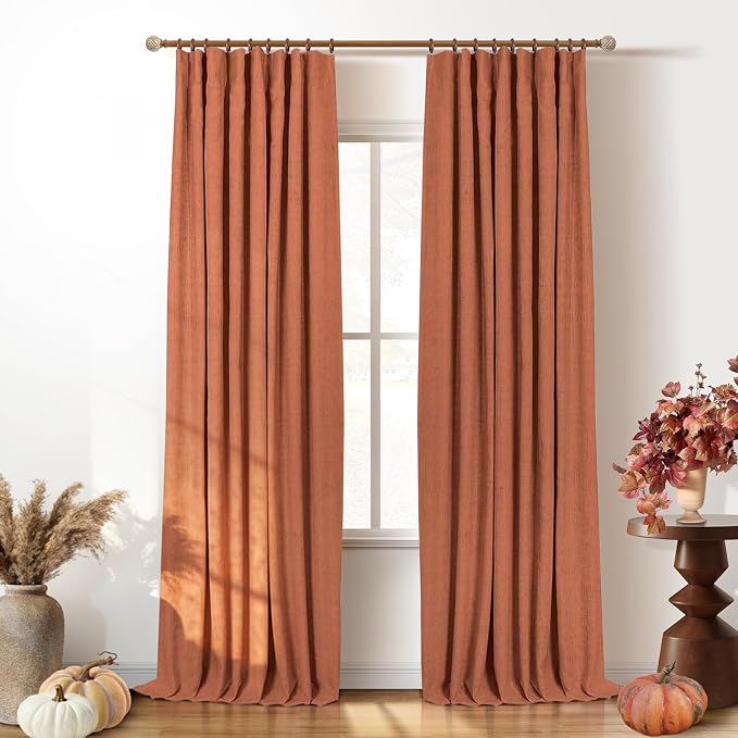 INOVADAY 100% Blackout Curtains for Bedroom Black Out Curtain 108 Inch Long | Orange Curtains for Living Room 2 Panels, Clip Rings Linen Look Blackout Drapes, Thermal Insulated Room Darkening,W50xL108