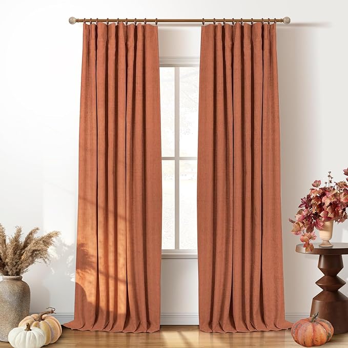 INOVADAY 100% Blackout Curtains for Bedroom Black Out Curtain 120 Inch Long | Orange Curtains for Living Room 2 Panels, Clip Rings Linen Look Blackout Drapes, Thermal Insulated Room Darkening,W50xL120