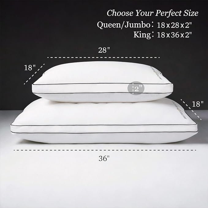 Hotel Grand Queen Pillows Set of 2, Gusseted Firm Support Down Alternative | Hotel Collection Pillows for Side, Back or Stomach Sleepers, 400 Thread Count 100% Cotton Cover, 18x28 Inches