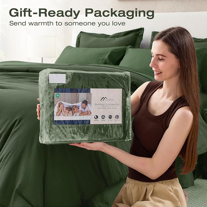 Sasttie Queen Comforter Set 7-Piece Dark Green, Pre-Washed Bed in a Bag | Soft & Breathable, All-Season Bedding Set with Comforter, Sheets, Pillowcases & Pillow Shams, OEKO-TEX, Down Alternative