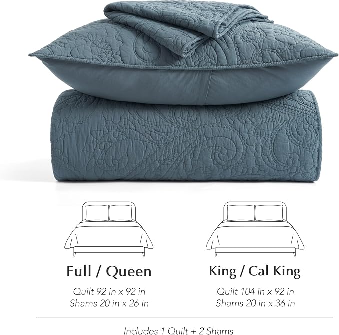 EVERGRACEHOME 100% Cotton Paisley Quilt Set, Queen Size, Stormy Blue | Prewashed for Softness, Year-Round Breathability, Gift-Ready Box, Matelasse-style Quilted Coverlet, 3 Piece Set with 2 Shams