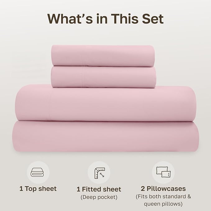 California Design Den Organic Cotton Deep Pocket Full Size Sheets Set, Pink | GOTS Certified, Lightweight Crisp & Airy Percale For Hot Sleepers, 15" Deep Pocket, All-around Elastic - Pink - Chalky Tone