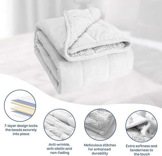 Cottonblue Sherpa Fleece Weighted Blanket for Adults Queen Size 15lbs 60x80 | Soft Cozy Flannel Weighted Blankets Throw for Sleep Calm Relax, Fuzzy Warm Bed Couch Heavy Blanket, Glass Beads, Snow White