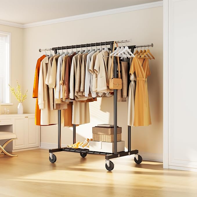 HYSEYY Heavy Duty Clothes Rack, Rolling Clothing Rack for Hanging Clothes with Shelves Load 700LBS,Portable Garment Wardrobe Closet Rack with Wheels for Bedroom,Laundry Room,Retail Store,Black