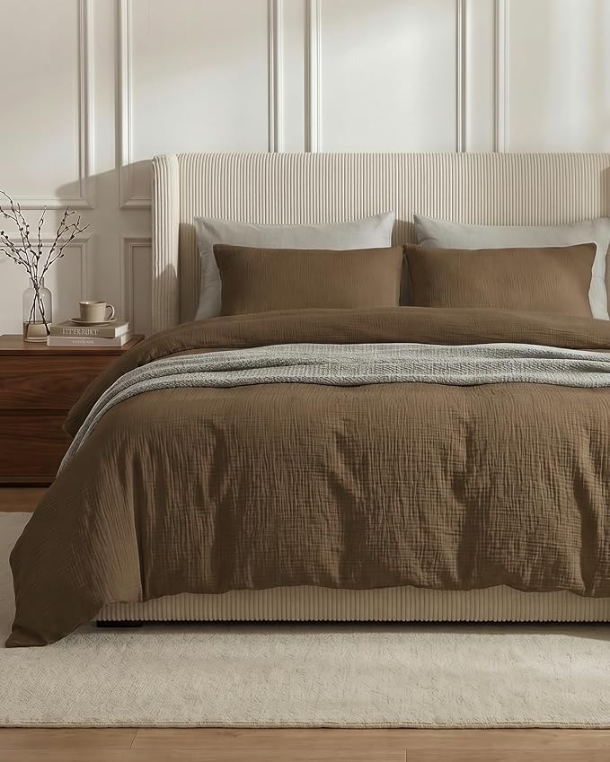 SE SOFTEXLY Muslin Duvet Cover Queen Size, 100% Washed Cotton Duvet Cover Set, Ultra Soft Comforter Cover Linen Like, 3 Pieces Minimalist Gauze Duvet Cover with 2 Pillowcases, 90"x90", Dark Brown