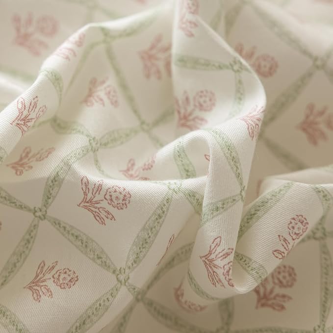 mixinni Red Floral Duvet Cover Set Full Size - 100% Cotton Green Grid Bedding with Bow Ties, 3PC Cottagecore Comforter Cover (1 Duvet Cover + 2 Pillowcases) Vintage Garden Style Soft Aesthetic