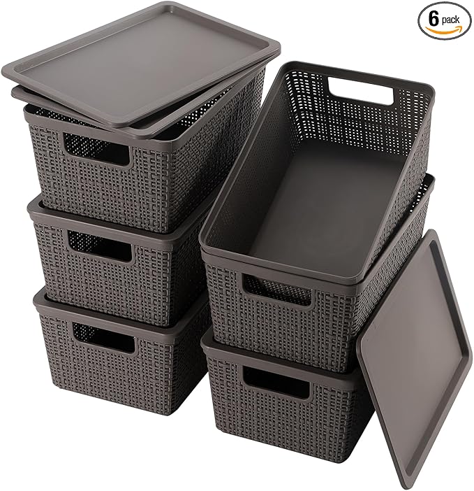 6 Pack Plastic Storage Baskets with Lid,Grey Stackable Bins | Durable Woven Plastic With handle Breathable,Save space,For Organizing Desktops, Closets, Playrooms, Classrooms, Offices
