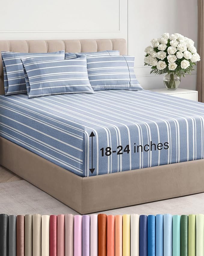 Extra Deep Queen Sheet Set - 6 Piece Breathable & Cooling - Blue Stripes | Hotel Luxury Bed Sheets Set, Easy & Secure Fit, Ultra-Soft, Wrinkle & Fade Free, Comfy Sheets Set with Extra Deep Pockets