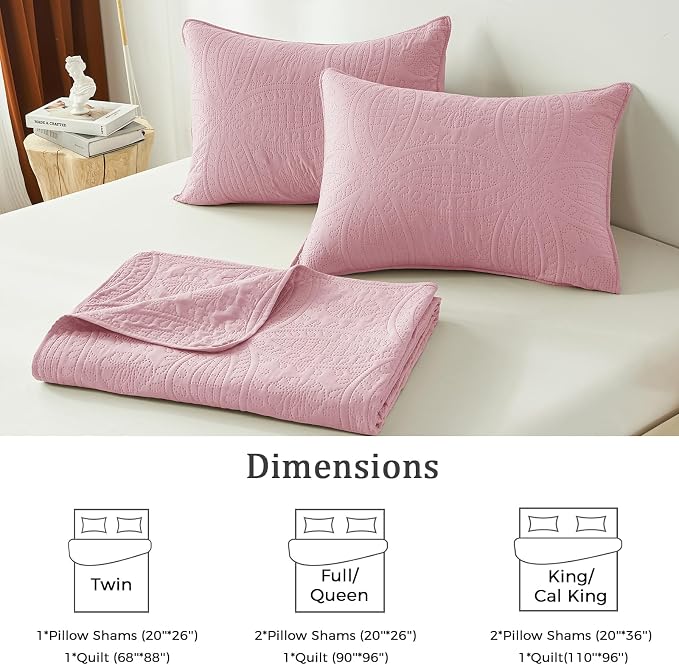 akkialla King/Cal King Quilt Set,Pink Lightweight Bedspread with Coin Pattern, Soft Microfiber Coverlet for All Seasons, Breathable and Skin-Friendly Fabric (1 Quilt, 2 Pillow Shams)
