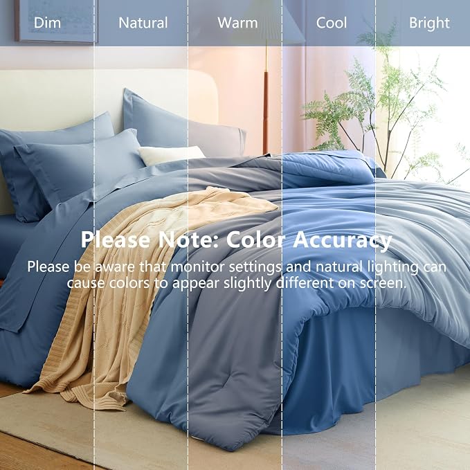 King Size Comforter Set Grayish Blue, 7 Pieces Bed in a Bag | OEKO-TEX Certified, All-Season, Bedroom, 240GSM Down Alternative Comforter, Flat & Fitted Sheets, 2 Pillowcases & 2 Shams