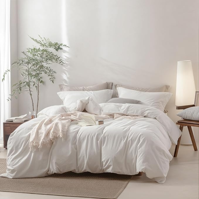 BDEAR 3Pcs Off White Duvet Cover Set California King Size 104" W x 98" L | 100% Washed Cotton, 1 Duvet Cover with 2 Pillowcases, Zipper Closure, OEKO TEX Standard,8 Corner Ties,Linen-Liked Texture