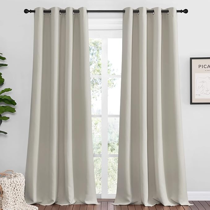 NICETOWN Natural Room Darkening Curtains for Bedroom 55" x 102" 2 Panels | Boho Farmhouse Home Decoration Window Treatment Total Privacy Drape Panels for Living Room, Blackout Noise Reducing Decor
