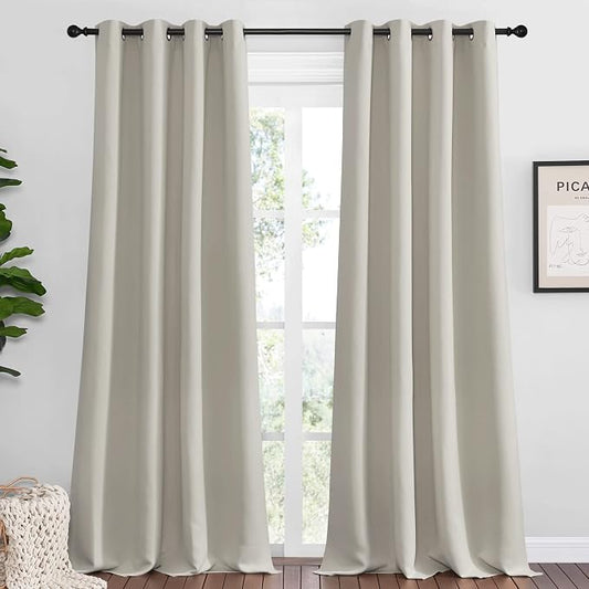 NICETOWN Natural Room Darkening Curtains for Bedroom 55" x 102" 2 Panels | Boho Farmhouse Home Decoration Window Treatment Total Privacy Drape Panels for Living Room, Blackout Noise Reducing Decor