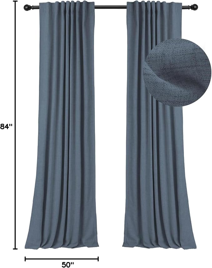 INOVADAY 100% Blackout Linen Curtains for Bedroom 50x84 Inches Slate Blue | Linen Textured, Light Blocking, Room Darkening, Thermal Insulated, Back Tab Top, Window Curtains for Living Room, 2 Panels