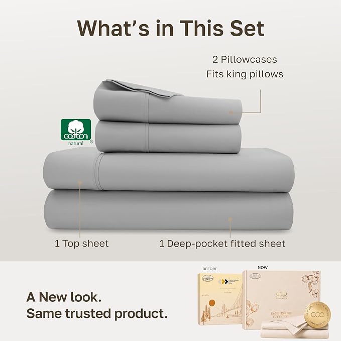 California Design Den Soft 100% Cotton Sateen King Sheets Set, Light Grey | 400 Thread Count Backed by Good Housekeeping Seal, 16" Deep Pocket, All-Around Elastic, Durable, Easy Care