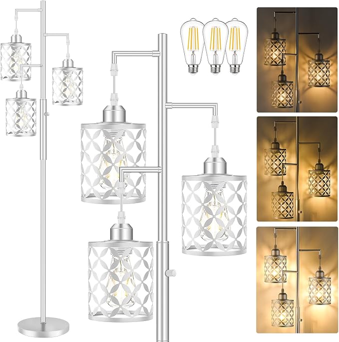68" Modern Tree Floor Lamp, Dimmable Minimalist Tall Standing Lamp with Metal Cages & Rotary Dimmer Knob, Corner Decor Lighting for Living Room Bedroom Cafe, 3 x 800LM Bulbs Included-Silver