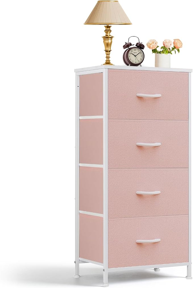 4 Drawers Dresser for Bedroom Fabric Storage Tower with Wooden Top | Steel Frame Tall Chest of Drawers for Closet, Entryway, Dorm, Pink