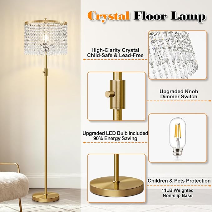 【Upgraded】 Dimmable Crystal Floor Lamps for Living Room, 1000LM LED Bulb Included, Standing Lamp with Knob Switch, Tall Gold Pole Light for Bedroom Nursery Office Corner Reading