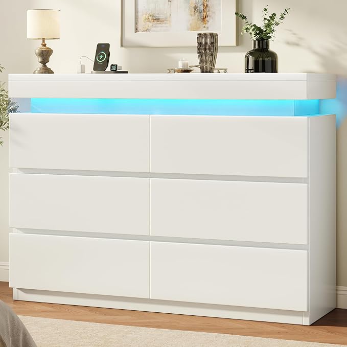 6 Drawer Dresser with LED Lights and Charging Station, Modern White Dresser | RGB Lights with App and Remote Control, Music Sync Mode, 6 Spacious Drawers and Durable MDF Storage for Bedrooms or Closets