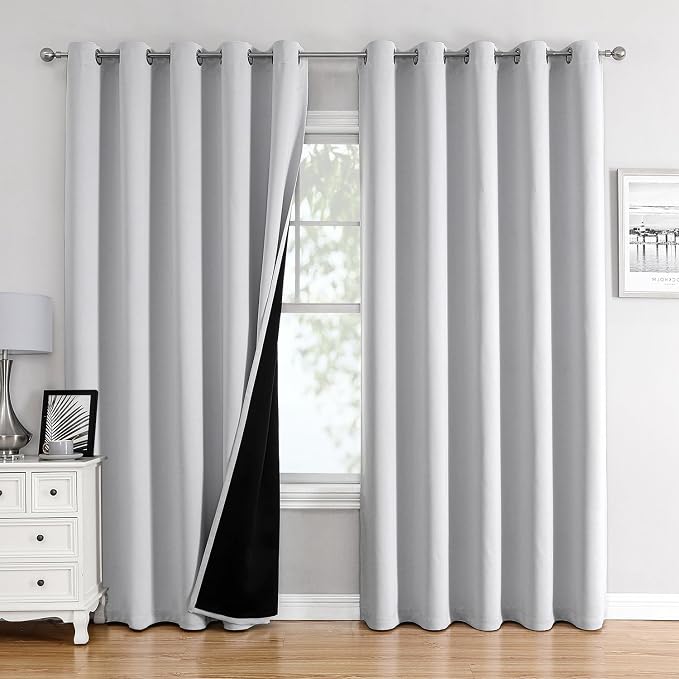 ChrisDowa 100% Blackout Curtains for Bedroom 84 Inches Long 2 Panels Set | 2 Thick Layers, Thermal Insulated, Light Blocking, Grommet, Window Treatment, Living Room Drapes, Greyish White, 60 x 84 Inch