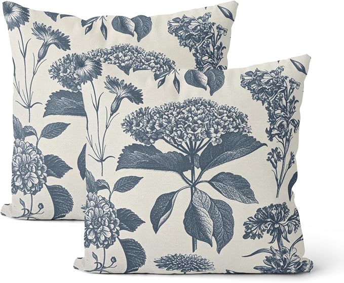 Navy Blue Pillow Covers 16x16 Inch 2 Pcs Boho Vintage Floral Decor Throw Pillows Hydrangea Flower Seasonal Outdoor Farmhouse Neutral Accent Decoration Pillowcase Linen Cushion Cover for Couch