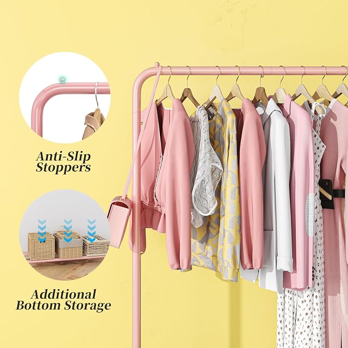 Simple Trending Clothes Clothing Garment Rack, Clothes Organizer, Pink | Storage Shelves, 360° Lockable Wheels, Anti-Slip Stoppers, Bedroom, Laundry Room