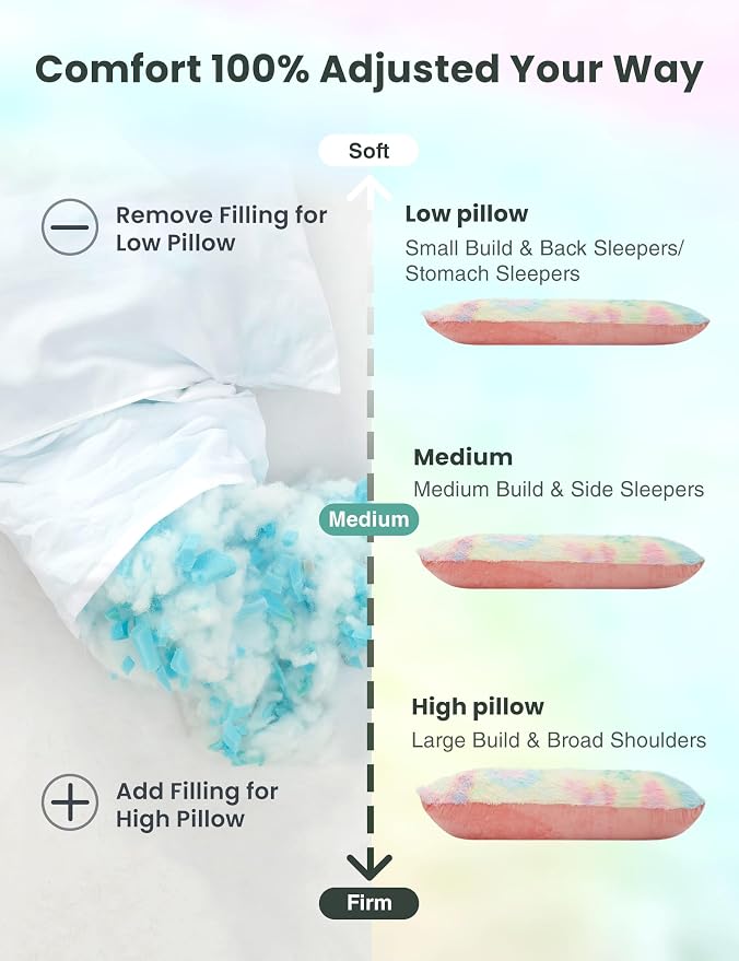 ZonLi Fluffy Body Pillow for Adults, Fuzzy Faux Fur Long Pillow with Shredded Memory Foam, Adjustable Support for Side Sleepers, Gifts, 20 x 54 Inch, Rainbow