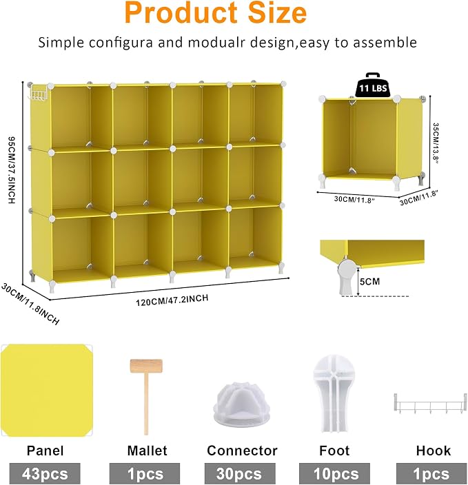 AWTATOS Cube Storage Organizer Closet Organizers 12 Cube Storage Shelves | Protable Closet for Kids DIY Stackable Cube Shelves Bookshelf Clothes Organizer for Bedroom, Home, Yellow